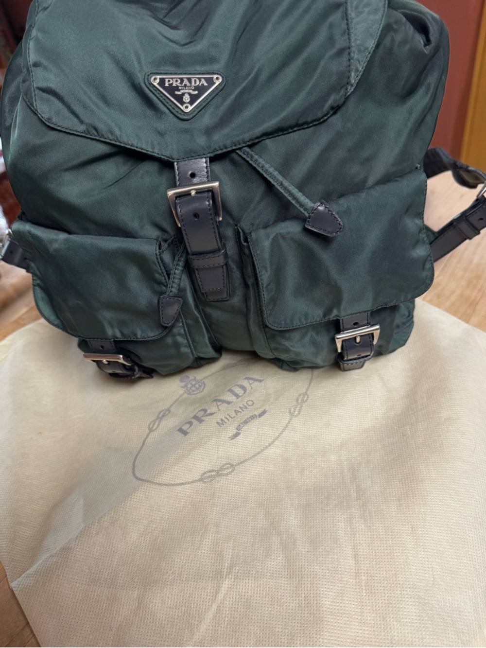 PRADA Vela Double Front Pockets Nylon Backpack Green COA & Dust Bag Medium - Picture 16 of 16